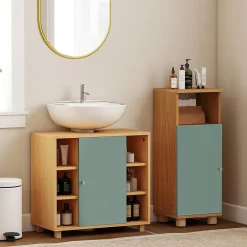 Meuble Sous-Vasque|Homcom Meuble sous vasque 6 niches porte étagère dim. 60 x 33 x 57 cm effet bois clair vert d'eau