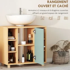 Meuble Sous-Vasque|Homcom Meuble sous vasque 6 niches porte étagère dim. 60 x 33 x 57 cm effet bois clair vert d'eau