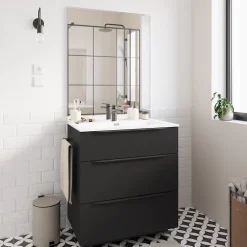 Meuble Buanderie|Meuble Sous-Vasque| Meuble sous vasque à poser noir mat l.80 x H.88 x P.50 cm, Pamili