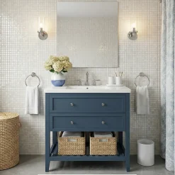 Meuble Buanderie|Meuble Vasque|GoodHome Meuble sous vasque à poser 2 tiroirs 1 niche bleu mat l.80 cm + plan de toilette, Perma