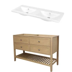 GoodHome Meuble sous vasque à poser 4 tiroirs 1 niche placage chêne l.120 cm Perma + plan double vasque céramique blanc Nira,