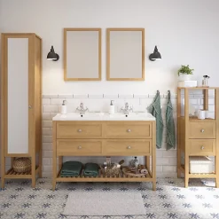 GoodHome Meuble sous vasque à poser 4 tiroirs 1 niche placage chêne l.120 cm Perma + plan double vasque céramique blanc Nira,