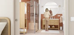 GoodHome Meuble sous vasque à poser 4 tiroirs 1 niche placage chêne l.120 cm Perma + plan double vasque céramique blanc Nira,