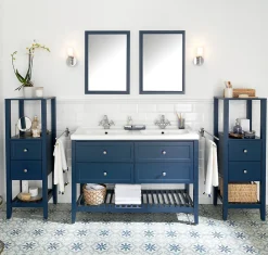 GoodHome Meuble sous vasque à poser 4 tiroirs 1 niche bleu mat l.120 cm Perma + plan double vasque Lana,
