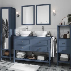 GoodHome Meuble sous vasque à poser 4 tiroirs 1 niche bleu mat l.120 cm Perma + plan de toilette,
