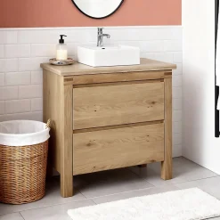 Cooke & Lewis Meuble sous vasque à poser chêne massif et plaqué chêne l.90 cm + plan de toilette en chêne, Harmon