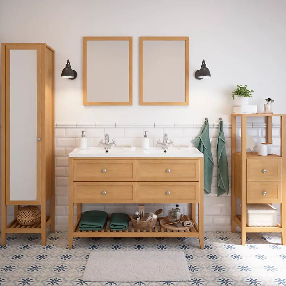 GoodHome Meuble sous vasque à poser 4 tiroirs 1 niche placage chêne l.120 cm Perma + plan double vasque céramique blanc Lana,