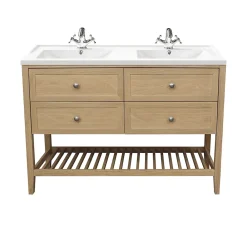 GoodHome Meuble sous vasque à poser 4 tiroirs 1 niche placage chêne l.120 cm Perma + plan double vasque céramique blanc Lana,