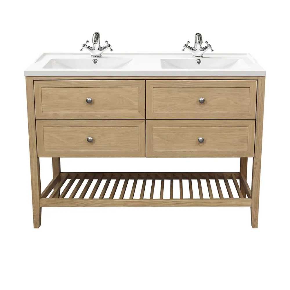 GoodHome Meuble sous vasque à poser 4 tiroirs 1 niche placage chêne l.120 cm Perma + plan double vasque céramique blanc Lana,
