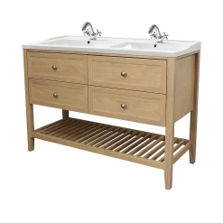 GoodHome Meuble sous vasque à poser 4 tiroirs 1 niche placage chêne l.120 cm Perma + plan double vasque céramique blanc Lana,