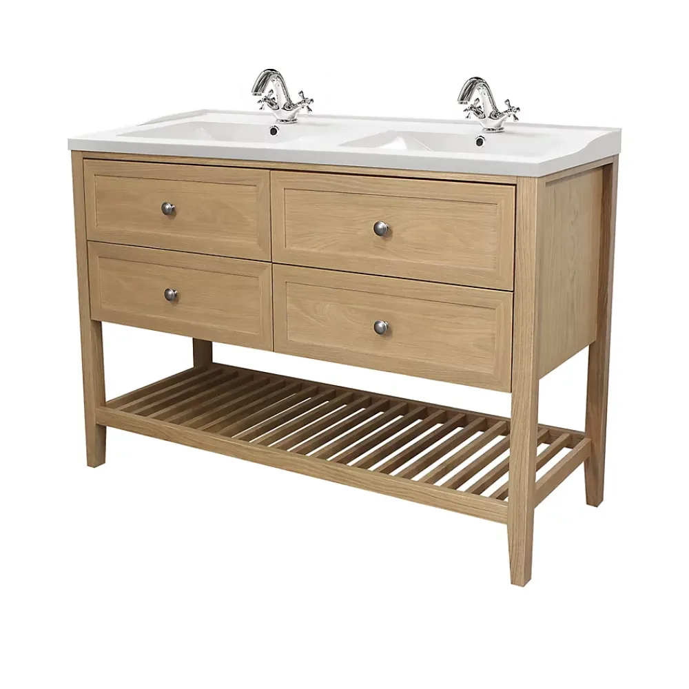 GoodHome Meuble sous vasque à poser 4 tiroirs 1 niche placage chêne l.120 cm Perma + plan double vasque céramique blanc Lana,