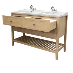 GoodHome Meuble sous vasque à poser 4 tiroirs 1 niche placage chêne l.120 cm Perma + plan double vasque céramique blanc Lana,