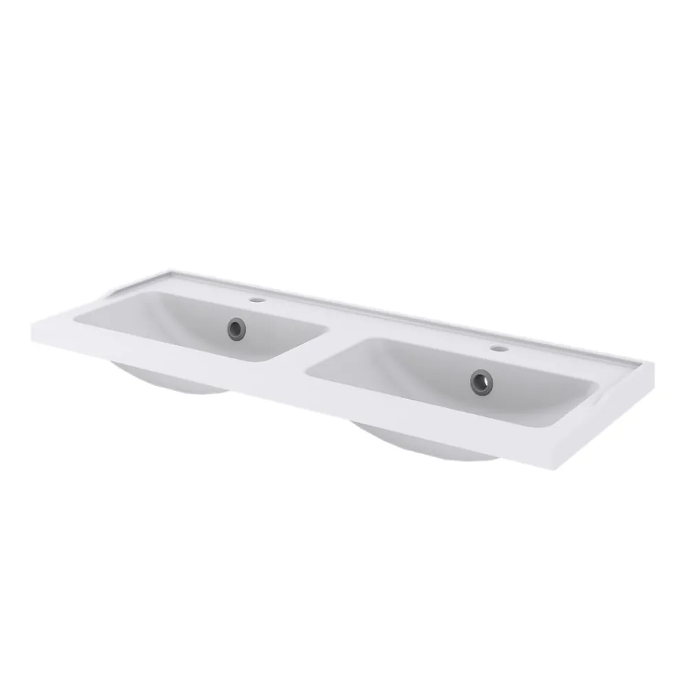GoodHome Meuble sous vasque à poser 4 tiroirs 1 niche placage chêne l.120 cm Perma + plan double vasque céramique blanc Lana,
