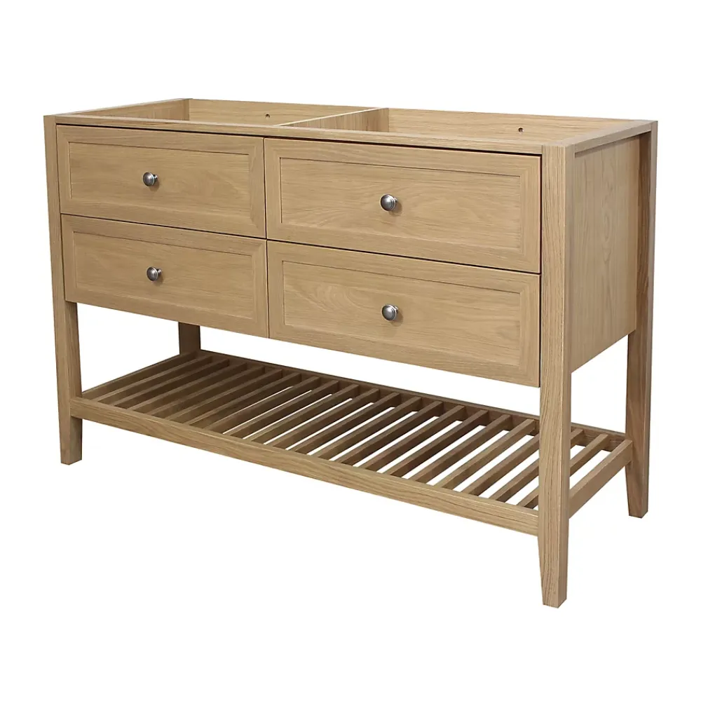 GoodHome Meuble sous vasque à poser 4 tiroirs 1 niche placage chêne l.120 cm Perma + plan double vasque céramique blanc Lana,