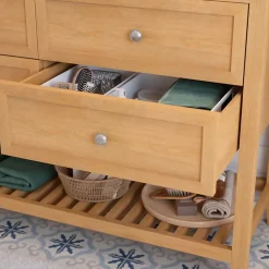GoodHome Meuble sous vasque à poser 4 tiroirs 1 niche placage chêne l.120 cm Perma + plan double vasque céramique blanc Lana,