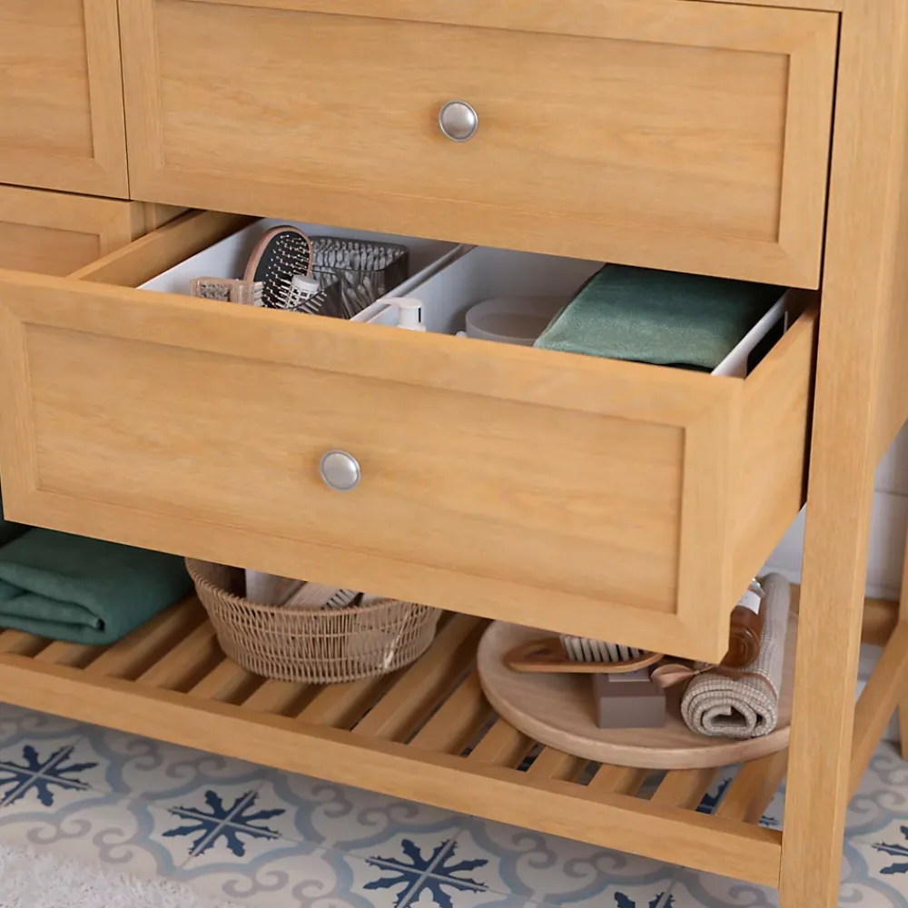 GoodHome Meuble sous vasque à poser 4 tiroirs 1 niche placage chêne l.120 cm Perma + plan double vasque céramique blanc Lana,