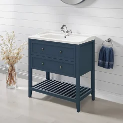 Meuble Vasque|GoodHome Meuble sous vasque à poser 2 tiroirs 1 niche bleu mat l.80 cm Perma + plan vasque Lana,