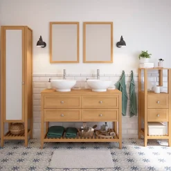 GoodHome Meuble sous vasque à poser 4 tiroirs 1 niche placage chêne l.120 cm + plan de toilette placage chêne, Perma