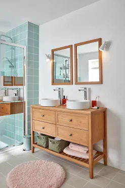 GoodHome Meuble sous vasque à poser 4 tiroirs 1 niche placage chêne l.120 cm + plan de toilette placage chêne, Perma