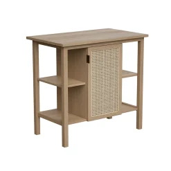 Meuble sous vasque à poser avec plan de toilette l.84 x H.80 x P.50 cm, 1 porte, placage chêne et cannage, Thiam