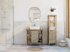 Meuble sous vasque à poser avec plan de toilette l.84 x H.80 x P.50 cm, 1 porte, placage chêne et cannage, Thiam
