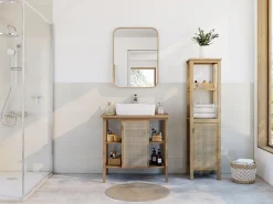 Meuble sous vasque à poser avec plan de toilette l.84 x H.80 x P.50 cm, 1 porte, placage chêne et cannage, Thiam