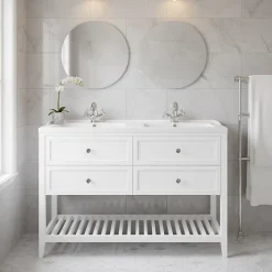 Meuble Vasque|GoodHome Meuble sous vasque à poser 4 tiroirs 1 niche blanc mat l.120 cm Perma + plan double vasque Lana,