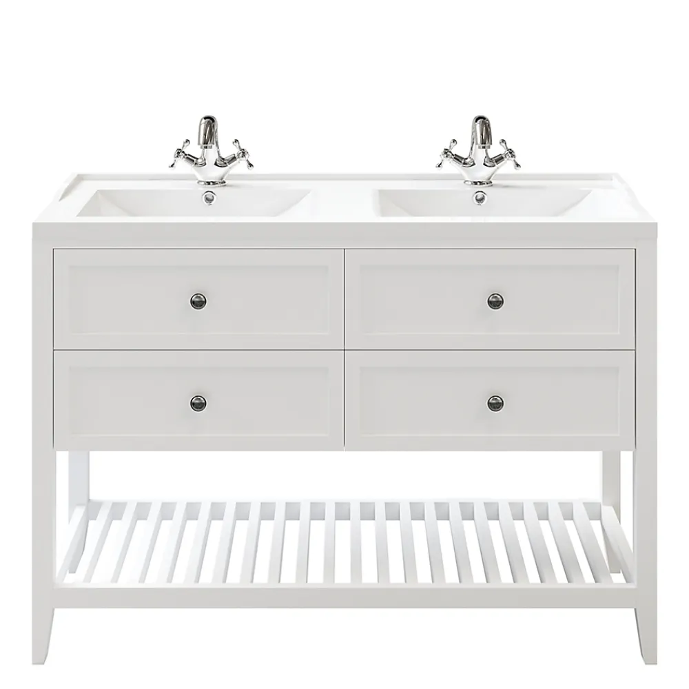 Meuble Vasque|GoodHome Meuble sous vasque à poser 4 tiroirs 1 niche blanc mat l.120 cm Perma + plan double vasque Lana,