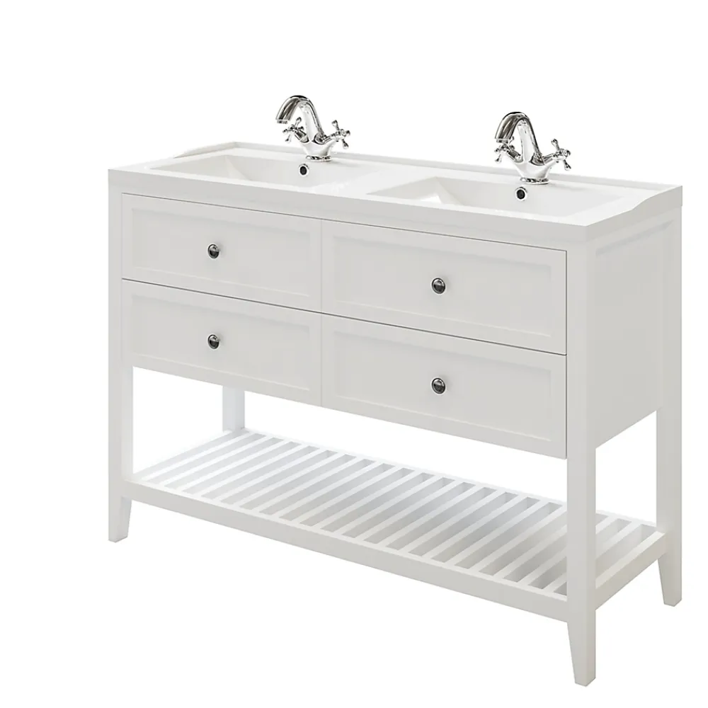 Meuble Vasque|GoodHome Meuble sous vasque à poser 4 tiroirs 1 niche blanc mat l.120 cm Perma + plan double vasque Lana,