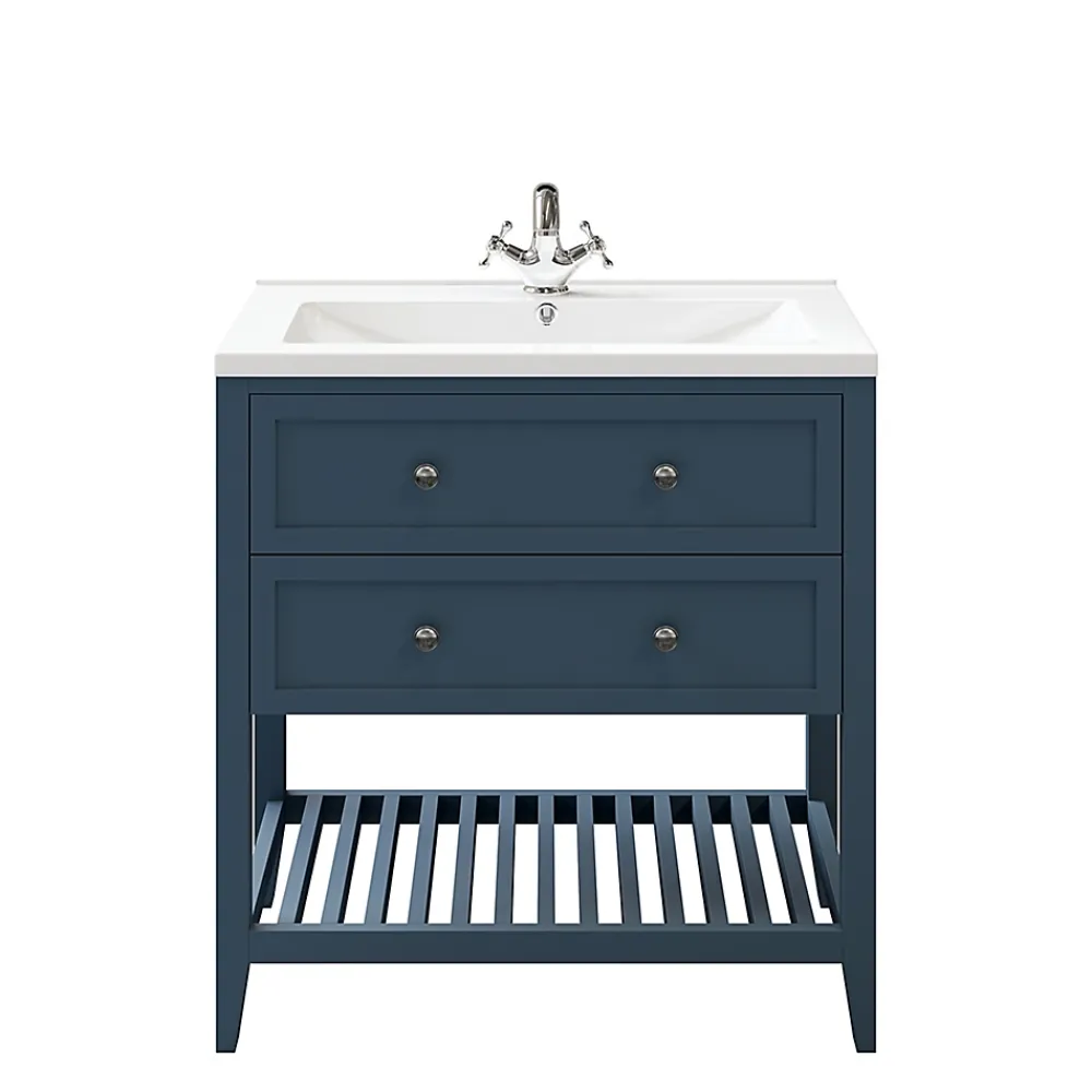 Meuble Vasque|GoodHome Meuble sous vasque à poser 2 tiroirs 1 niche bleu mat l.80 cm Perma + plan vasque Nira,