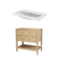 GoodHome Meuble sous vasque à poser 2 tiroirs 1 niche placage chêne l.80 cm Perma + plan vasque blanc Nira,