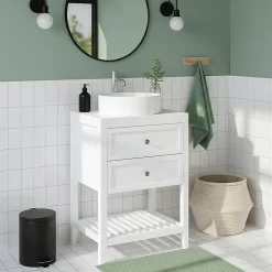 GoodHome Meuble sous vasque à poser 2 tiroirs 1 niche blanc mat l.60 cm + plan de toilette, Perma