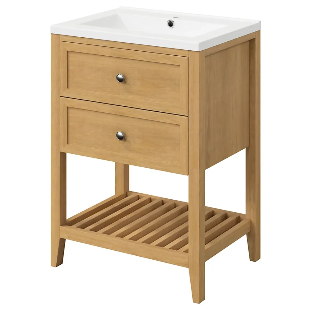 Meuble Buanderie|Meuble Sous-Vasque|GoodHome Meuble sous vasque à poser placage chêne l.60 x H.80,6 x P.45 cm, Perma