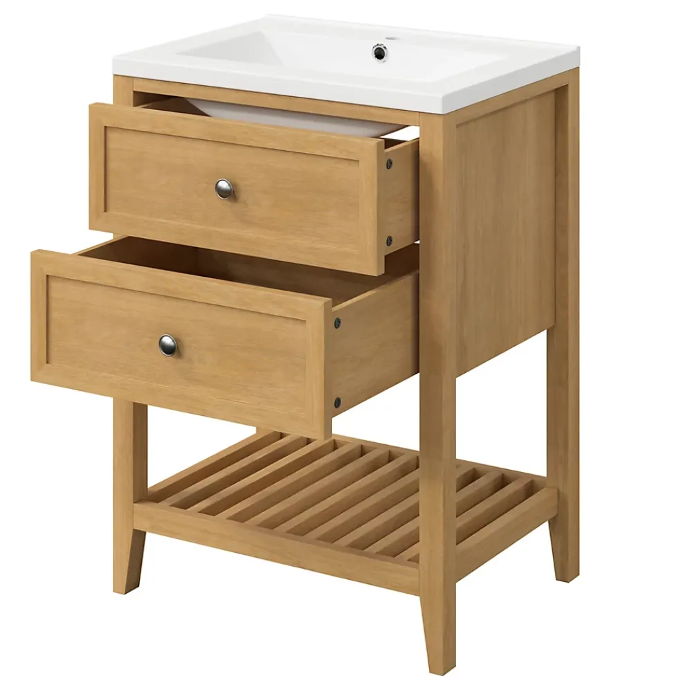 Meuble Buanderie|Meuble Sous-Vasque|GoodHome Meuble sous vasque à poser placage chêne l.60 x H.80,6 x P.45 cm, Perma