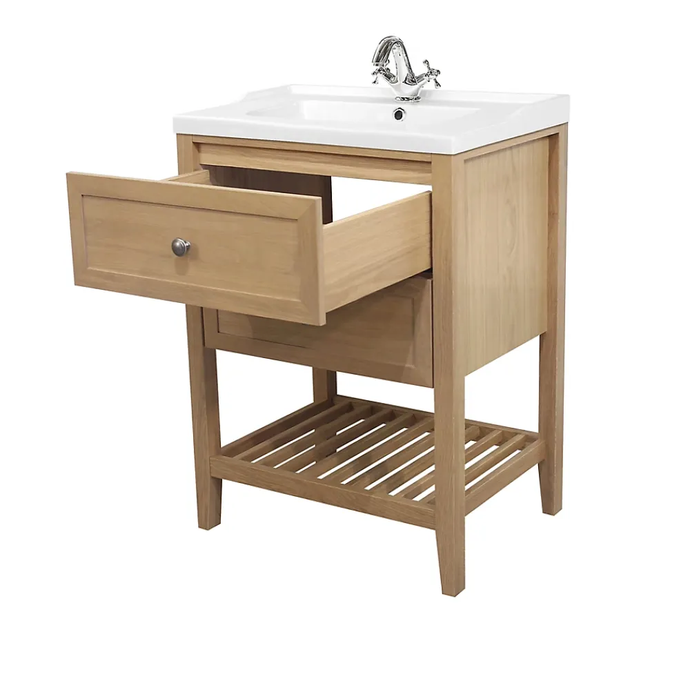 Meuble Buanderie|Meuble Sous-Vasque|GoodHome Meuble sous vasque à poser placage chêne l.60 x H.80,6 x P.45 cm, Perma