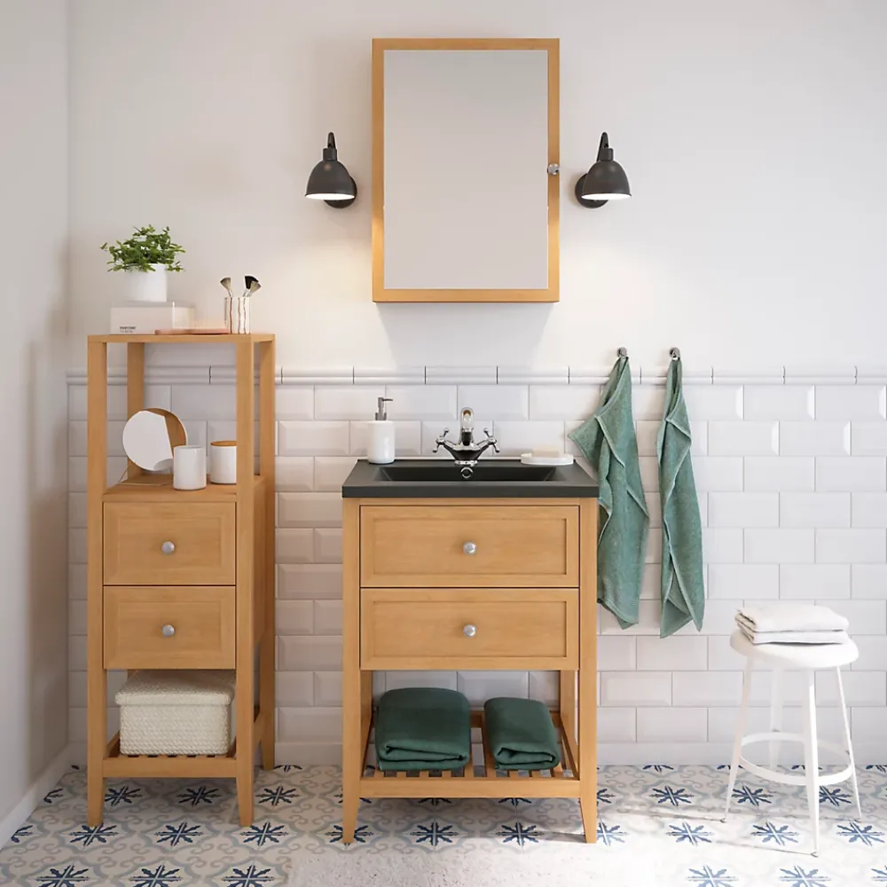 Meuble Buanderie|Meuble Sous-Vasque|GoodHome Meuble sous vasque à poser placage chêne l.60 x H.80,6 x P.45 cm, Perma