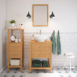 Meuble Buanderie|Meuble Sous-Vasque|GoodHome Meuble sous vasque à poser placage chêne l.60 x H.80,6 x P.45 cm, Perma