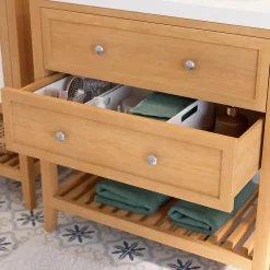 Meuble Buanderie|GoodHome Meuble sous vasque à poser 2 tiroirs 1 niche placage chêne l.80 cm + plan de toilette placage chêne, Perma