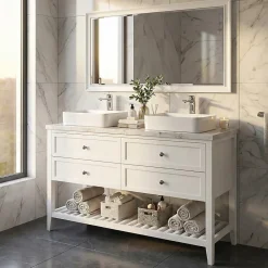 GoodHome Meuble sous vasque à poser 4 tiroirs 1 niche blanc mat l.120 cm + plan de toilette, Perma
