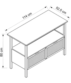 Meuble sous vasque à poser 2 tiroirs avec plan de toilette l.114 x H.80 x P.52,5 cm, placage chêne et cannage, Thiam