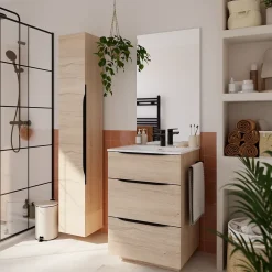 Meuble Buanderie|Meuble Sous-Vasque| Meuble sous vasque à poser effet bois l.60 x H.88 x P.50 cm, Pamili