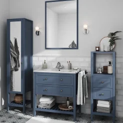 Meuble Buanderie|Meuble Sous-Vasque|GoodHome Meuble sous vasque à poser 2 tiroirs bleu mat L.80 x H.80 x P.45 cm, Perma
