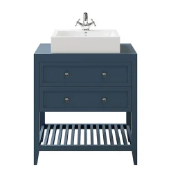 Meuble Buanderie|Meuble Sous-Vasque|GoodHome Meuble sous vasque à poser 2 tiroirs bleu mat L.80 x H.80 x P.45 cm, Perma