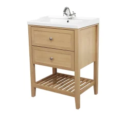 Meuble Vasque|GoodHome Meuble sous vasque à poser 2 tiroirs 1 niche placage chêne l.60 cm Perma + plan vasque blanc Lana,
