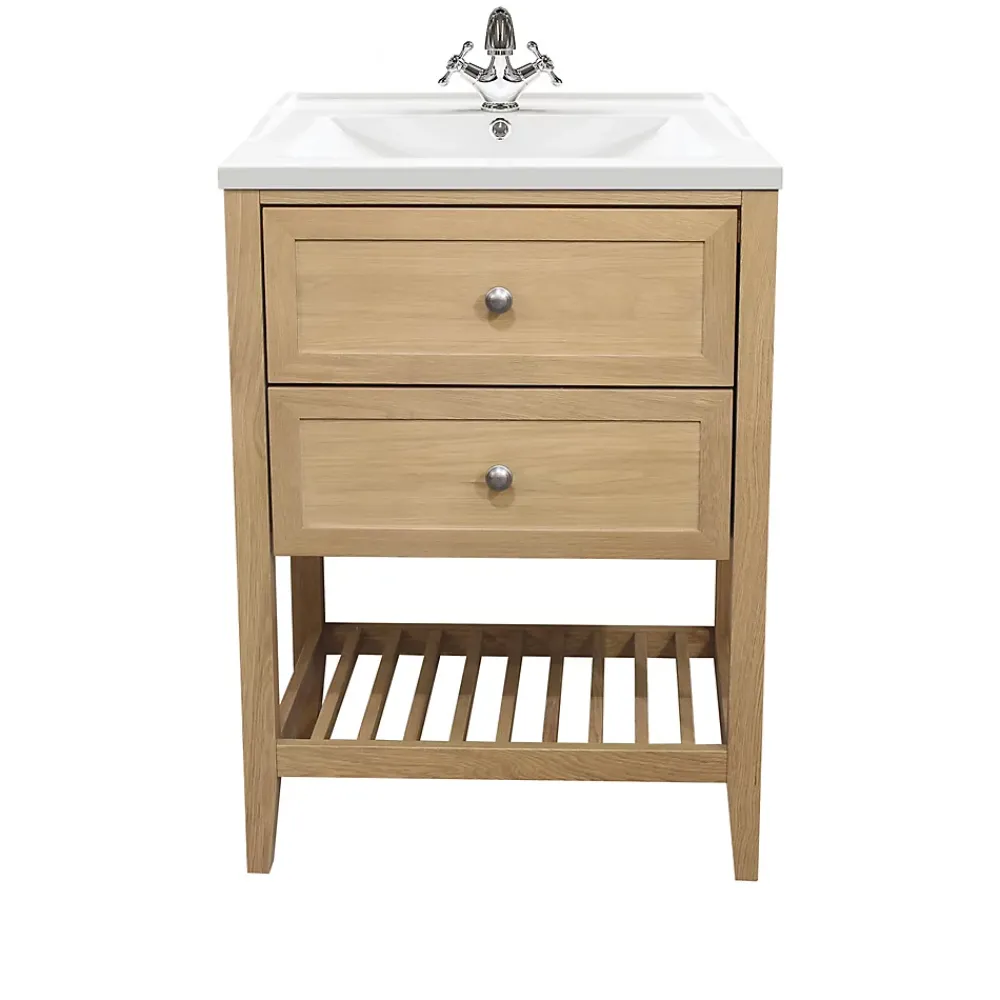 Meuble Vasque|GoodHome Meuble sous vasque à poser 2 tiroirs 1 niche placage chêne l.60 cm Perma + plan vasque blanc Lana,
