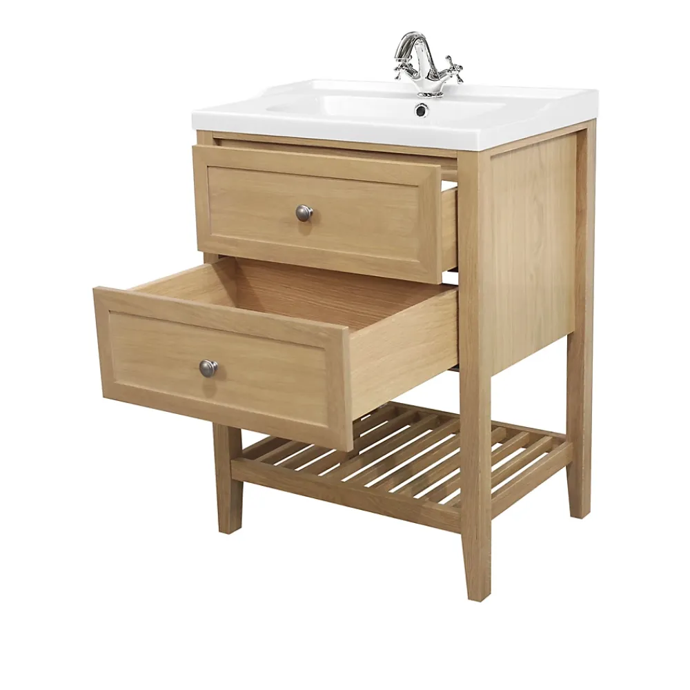 Meuble Vasque|GoodHome Meuble sous vasque à poser 2 tiroirs 1 niche placage chêne l.60 cm Perma + plan vasque blanc Lana,
