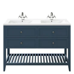 Meuble Vasque|GoodHome Meuble sous vasque à poser 4 tiroirs 1 niche bleu mat l.120 cm Perma + plan double vasque Nira,
