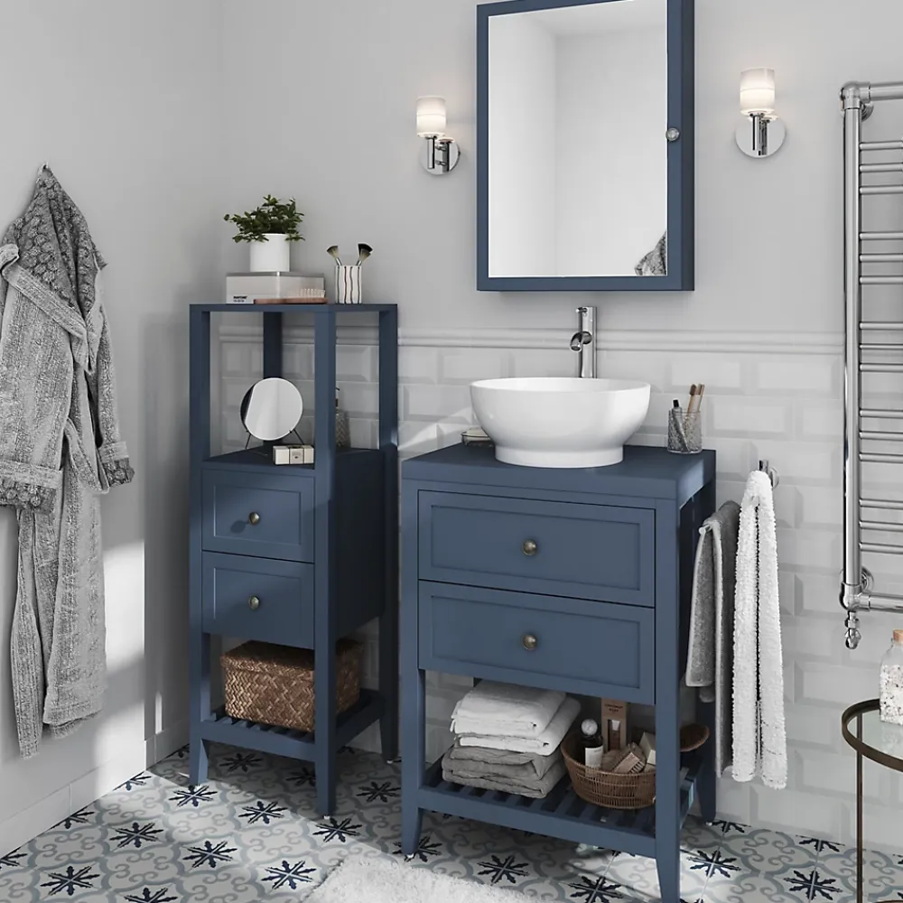Meuble Buanderie|GoodHome Meuble sous vasque à poser 2 tiroirs bleu mat l.60 cm, Perma