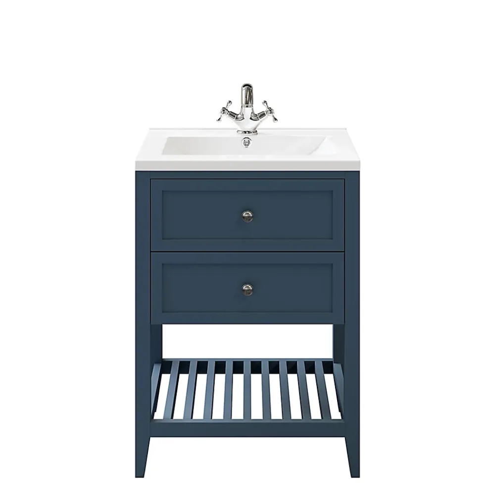 Meuble Buanderie|GoodHome Meuble sous vasque à poser 2 tiroirs bleu mat l.60 cm, Perma