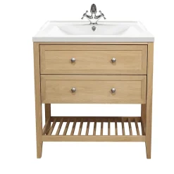 Meuble Buanderie|Meuble Sous-Vasque|GoodHome Meuble sous vasque à poser 2 tiroirs placage chêne l.80 x H.80,6 x P.45 cm, Perma